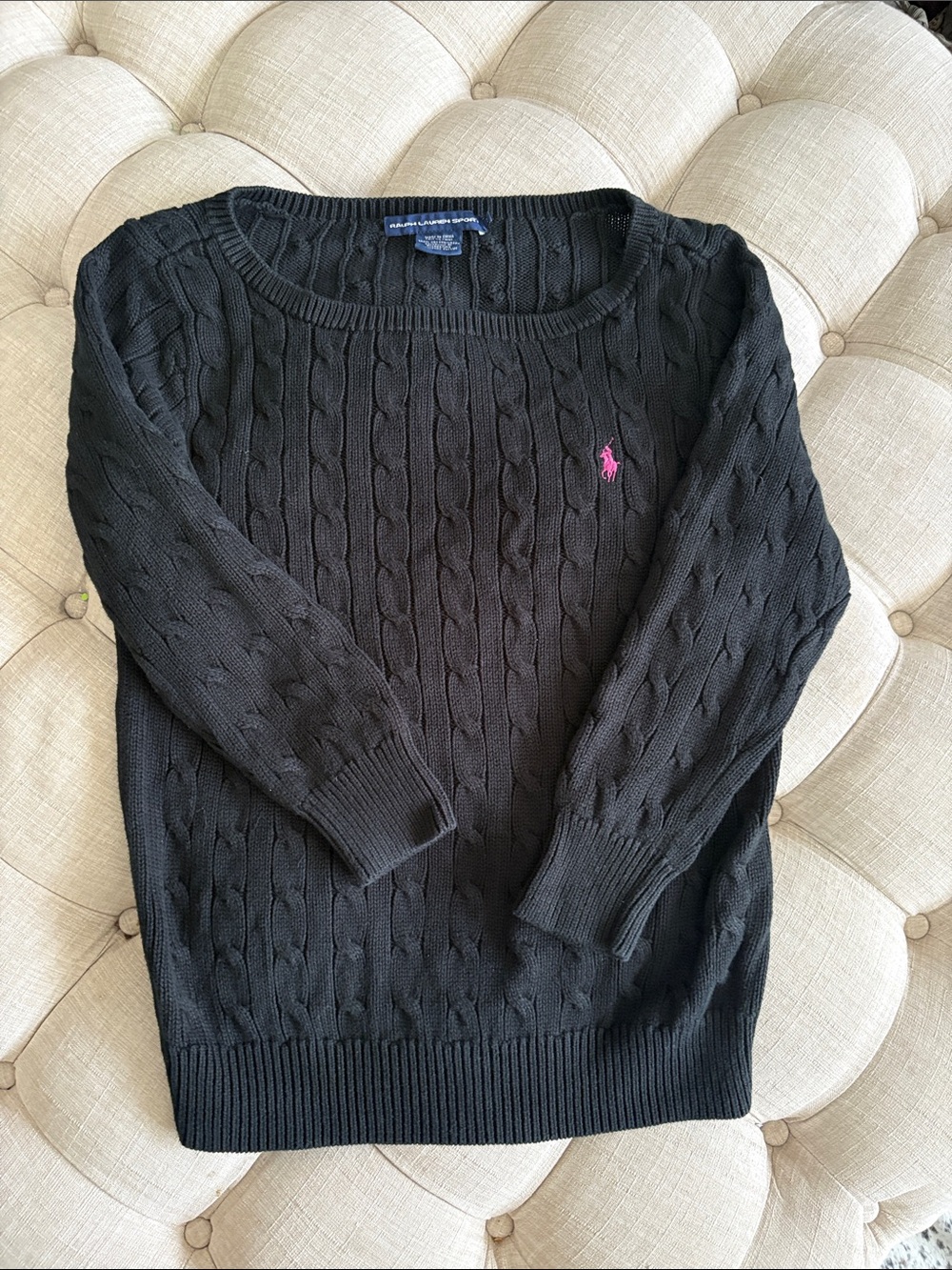 Ralph Lauren Black Cable-Knit Crewneck Sweater with Pink Pony